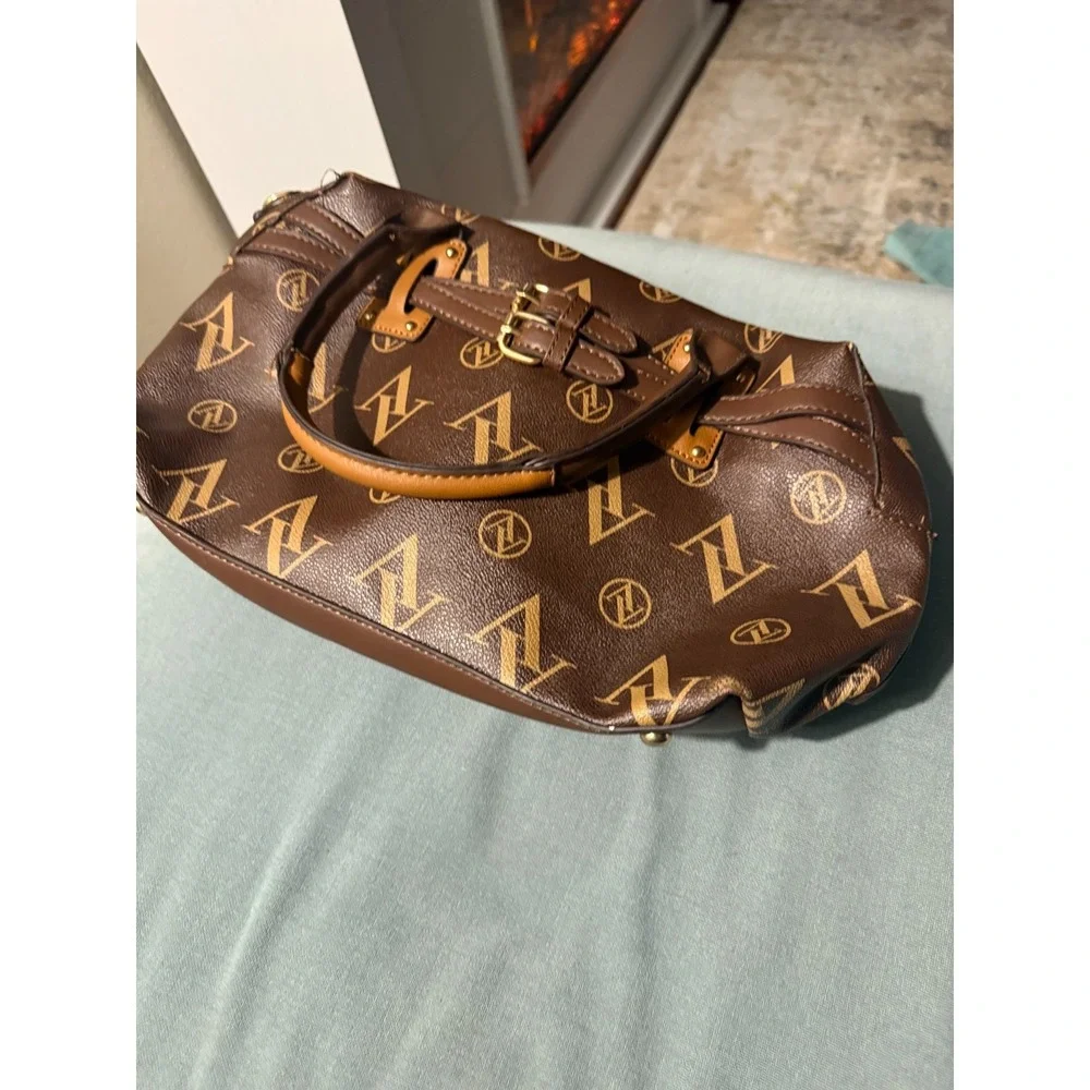Adrienne Vittadini Brown Logo Satchel Handbag Gold Hardware Zip Top - Picture 4 of 5